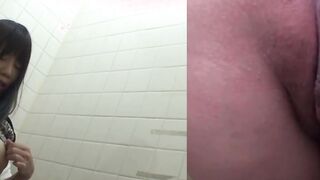 Naughty Japanese babe fingers her pussy in public toilet