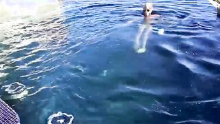Near the pool blonde twink Tyler Thayer jerks his cock