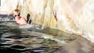 Near the pool blonde twink Tyler Thayer jerks his cock