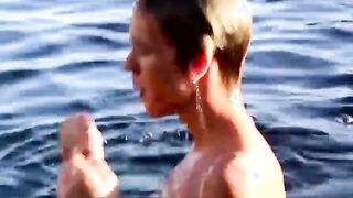 Near the pool blonde twink Tyler Thayer jerks his cock