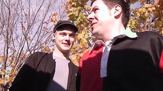 Intense anal fucking and cock sucking threesome in a car
