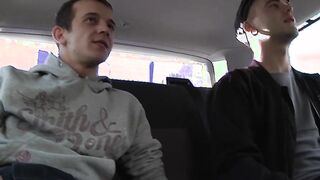 Intense anal fucking and cock sucking threesome in a car