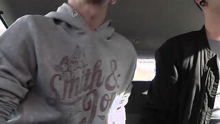 Intense anal fucking and cock sucking threesome in a car