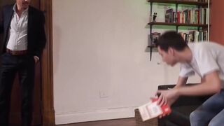Twink polishes daddies fat pole before bouncing on it raw