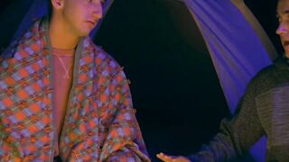 Lively stepbrother beat crude before a setting up camp fire