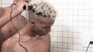 Dark twink gets a hair style before jerk off meeting