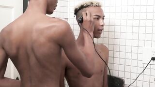 Dark twink gets a hair style before jerk off meeting