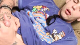 Tattooed straight thug plays with his small dick and cums
