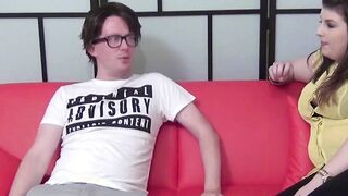 Curvy teen babe Lucy Lane blows big cock glasses nerd POV
