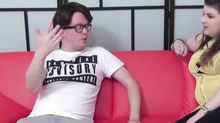 Curvy teen babe Lucy Lane blows big cock glasses nerd POV