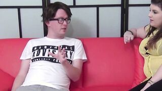 Curvy teen babe Lucy Lane blows big cock glasses nerd POV