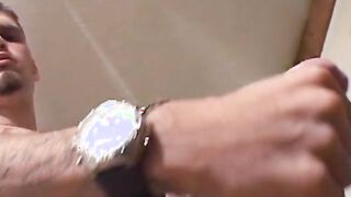 Jock masturbates to sight of chick being throat fucked