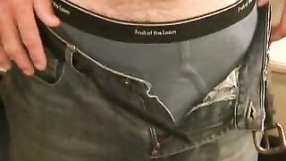 Rough older guy strips naked and tugs on his big hard cock