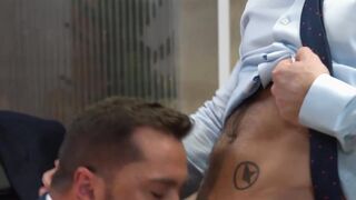 Businessmen stain their office table and equipment with cum