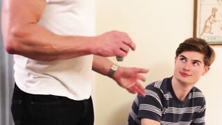 Hung muscle daddy shows strength over feminine stepson
