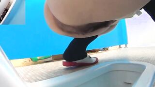 Furry Asian darlings close up found on camera peeing in latrine