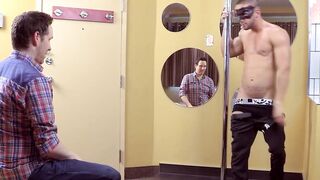 Masked muscular dude passionately strips and jacks off