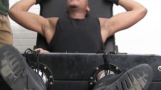 Ebony jock Trent King tied up and tickled incessantly