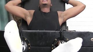 Ebony jock Trent King tied up and tickled incessantly