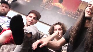 Four straight amateur jack off their hairy cocks and cum