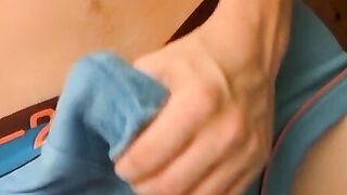 Solo twink pleases his cock in panties by jerking it off