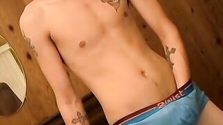 Solo twink pleases his cock in panties by jerking it off