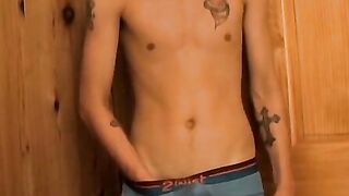 Solo twink pleases his cock in panties by jerking it off