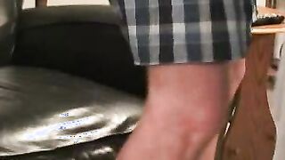 Tattooed mature guy jerks off his hard meat and cums loads