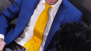 Businessmen enjoy champagne before sloppy blowjobs and anal