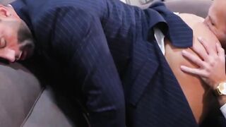 Businessmen enjoy champagne before sloppy blowjobs and anal