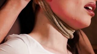 Tied up tranny Natalie Mars ball licked by mischievous blondie