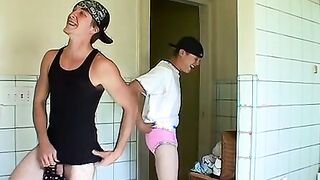 Twinks have fun in a changing room while being in underwear
