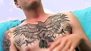 Amateur tattooed twink fingers his ass and masturbates solo