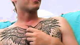 Amateur tattooed twink fingers his ass and masturbates solo