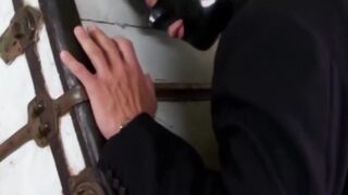 Fetish chick locked inside a box having sex before getting a facial
