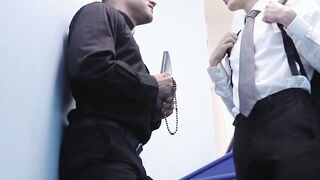 Twink trades sensual caresses with daddy cleric before crude fucking