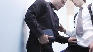 Twink trades sensual caresses with daddy cleric before crude fucking