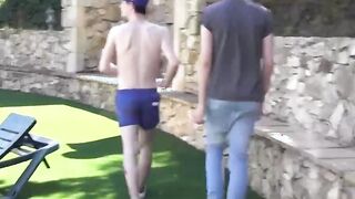 Two very cute youngsters lusty anal fucking in the backyard