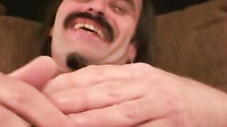 Hairy older homo jerks off wildly before releasing his semen