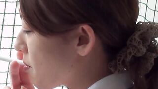 Japanese women piss in a bathroom with an up close camera