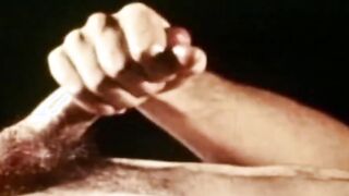 Bushy gay person strokes his fat dick and cums on his chest