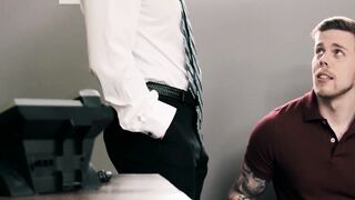 Tattooed gay guy got his ass bare fucked in the office