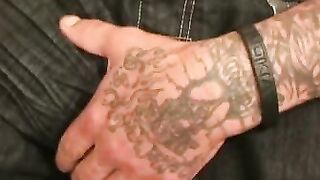 Radically tattooed older amateur masturbates in the bedroom