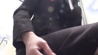 Bristly pussy Asian young lady stroking off out in the open while peeing