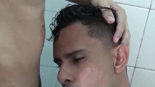 Gay Latino friends make out bareback in the hot shower