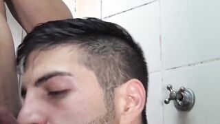 Gay Latino friends make out bareback in the hot shower
