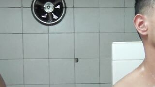 Gay Latino friends make out bareback in the hot shower