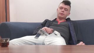 Huge dicked youthful fella jerks off and plays with his dick