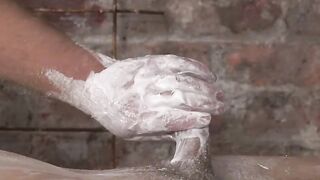 Bound blond twink gets a shave before handjob