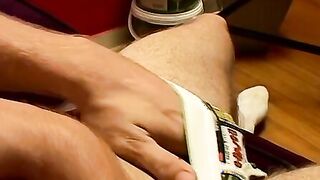 Muscular stud stroking his dick solo style in some undies